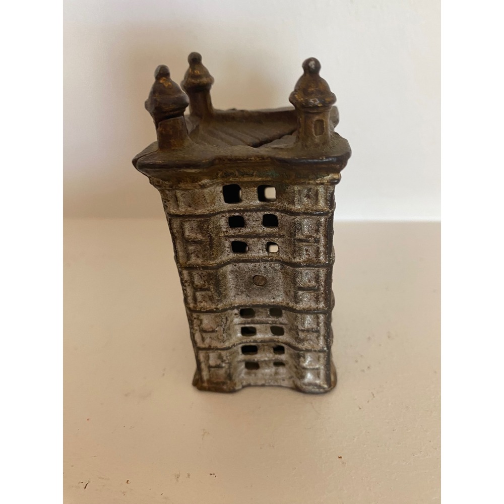 Cast Iron Skyscraper Building Still Coin Bank Silver Finish Missing Finial